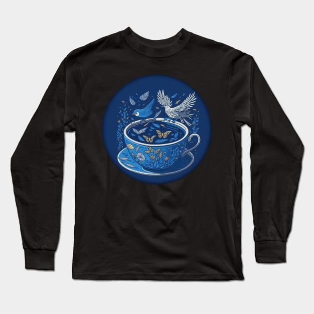 Fantasy Blue Teacup Illustration Long Sleeve T-Shirt by The Maple Latte Shop
